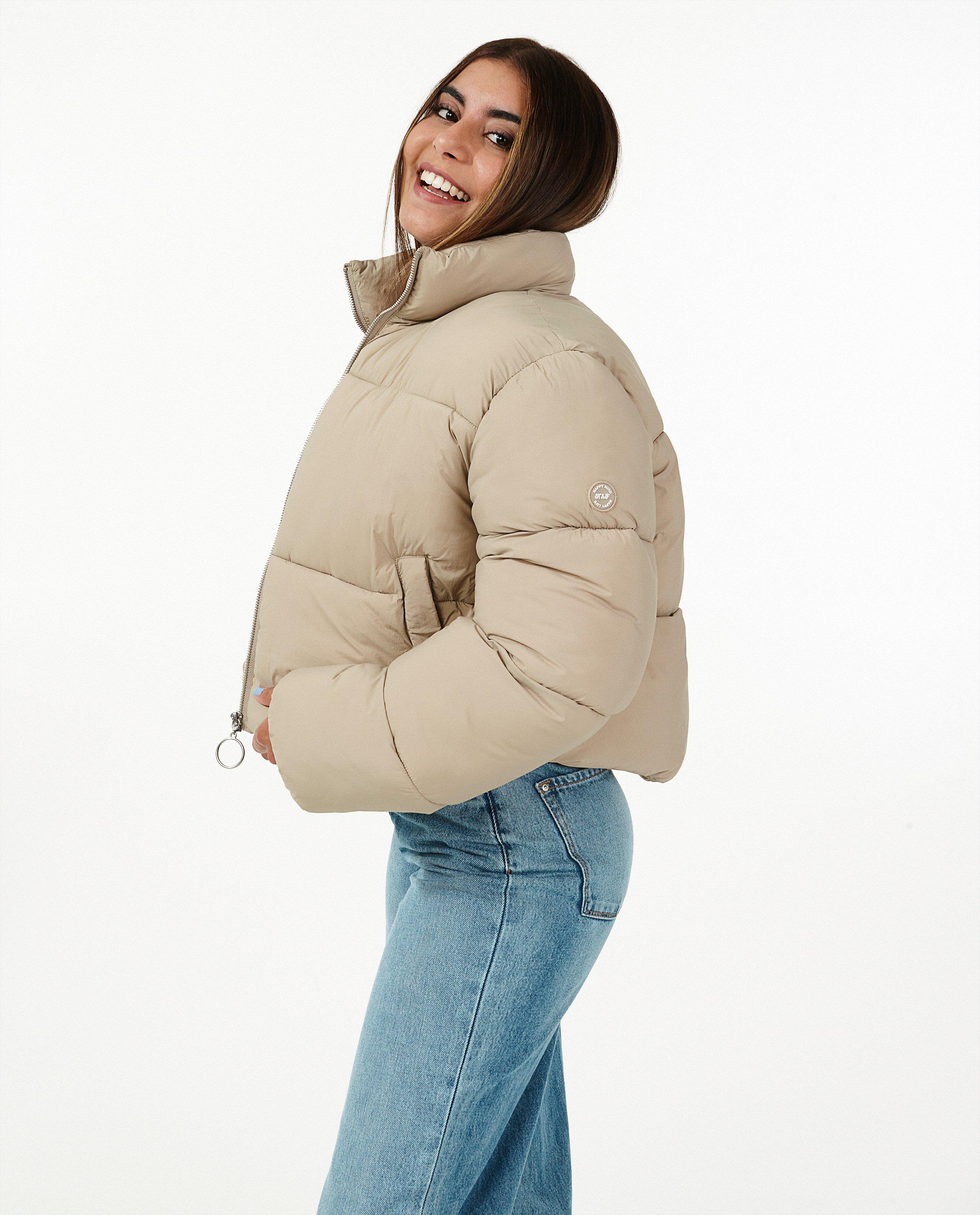 camel cropped puffer jacket